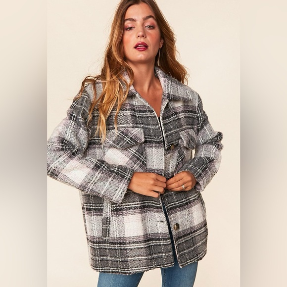 Jackets & Blazers - Flannel Plaid Button Down Coat, black/Gray/Blush/White, size small
